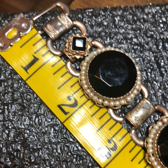 Vintage Jet Black Art Glass Rhinestone and Faux Pearl Bracelet - Picture 5 of 13